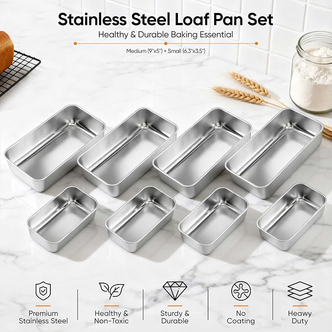 LIANYU Bread Pans Set, 16 Pack Stainless Steel Bread Loaf Pans for Baking, 9x5 Inch and 6.3x3.5 Inch Small Loaf Pans for Homemade Bread Brownies Cake, Oven Safe & Dishwasher Safe, 8 Medium+8 Small