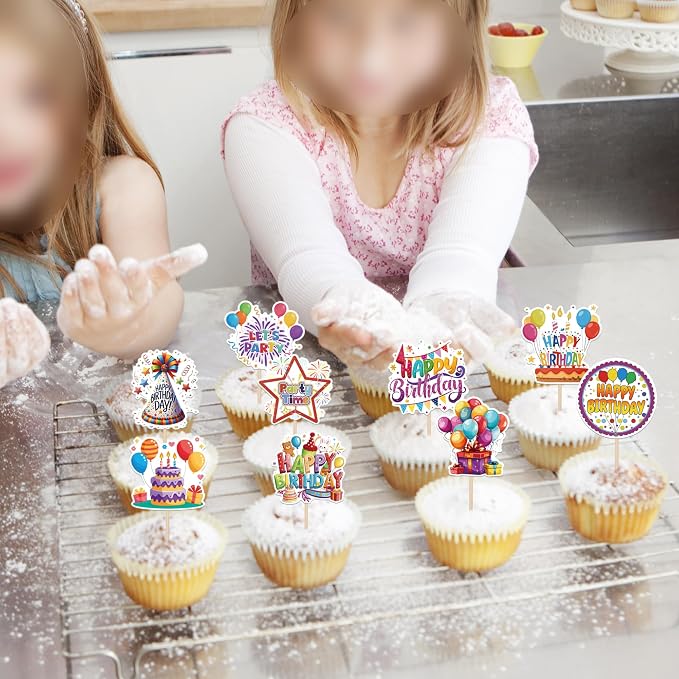 36 PCS Happy Birthday Cupcake Toppers Colorful Balloon Star Cheers Let's Party Time Firework Cupcake Pciks Happy Birthday Cake Decorations for Celebrating Anniversary Party Cake Decorations Supplies
