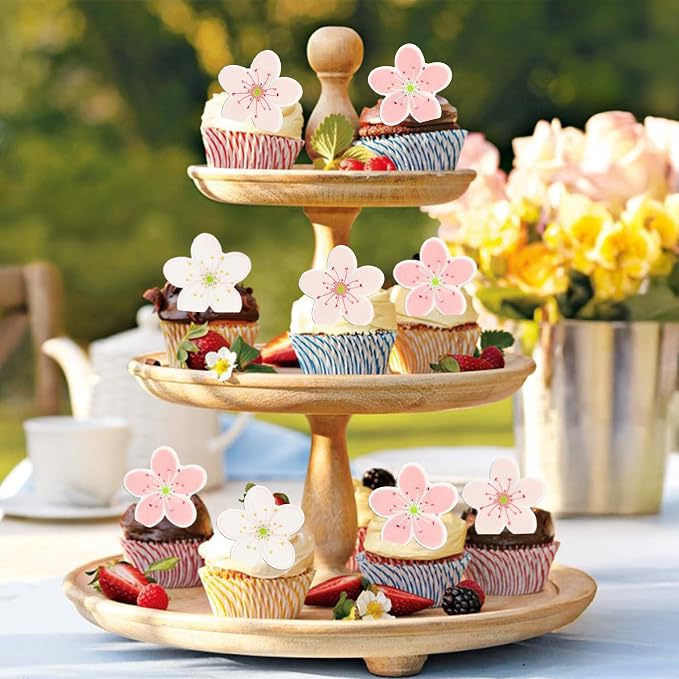 Gyufise 54Pcs Edible Flowers Cake Decorations Pink Edible Cherry Blossoms Cupcake Toppers Wafer Paper Flowers Cupcake Picks for Baby Shower Kids Birthday Party Food Decorations Supplies Multi