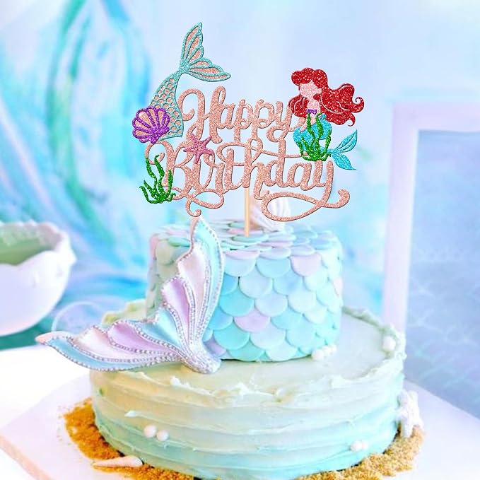 1 PCS Mermaid Cake Topper Glitter Mermaid Happy Birthday Cake Pick Starfish Seawood Seashells Mermaid Tail Cake Decoration for Under the Sea Theme Baby Shower Birthday Party Supplies Rose Gold