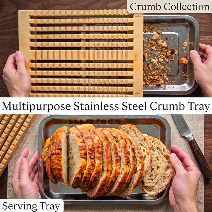 Bamboo Bread Slicer Guide - 7.5" Width Adjustable Sourdough Cutting Board | Premium Bamboo Board with 3 Slicing Thickness | Adjustable Width Slots | Custom Brush & Steel Tray | Knife not included