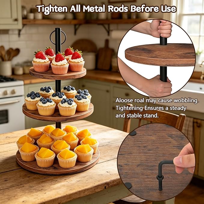 Cupcake Stand, 2 Pack Rustic Wood Cake Stand, 3 Tier Cupcake Tower Round Tiered Tray Stand for Dessert Table Display, Industrial Wooden Serving Stand Wedding, Graduation and Baby Shower