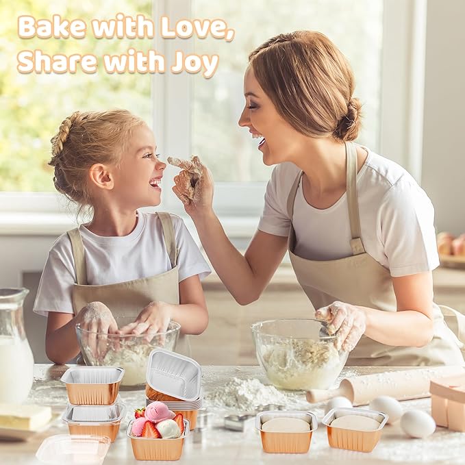 40 Pack 5 OZ Mini Cake Pans with Lids, Disposable Square Aluminum Foil Brownie Baking Cup, Mini Aluminum Foil Cupcake Muffin Tin Ramekins, Dessert Cake Containers for Wedding Birthday Party, Champagne