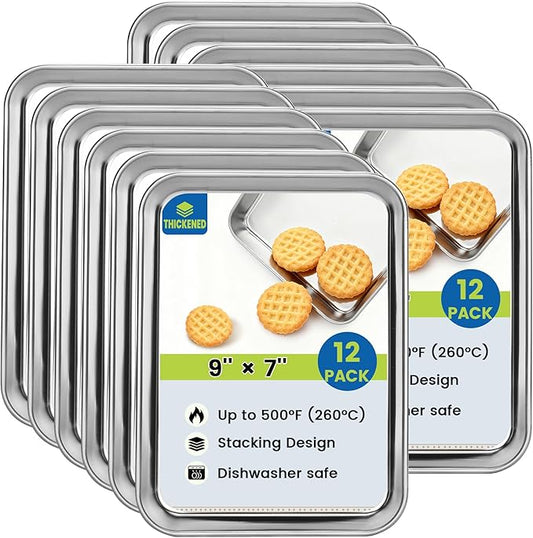 BIEAMA 12 Pack Stainless Steel Toaster Oven Baking Sheets, 9 x 7 in | Stainless steel pans with no chemical coating, mirror-polished finish and rolled edges; dishwasher safe, oven safe to 500°F.