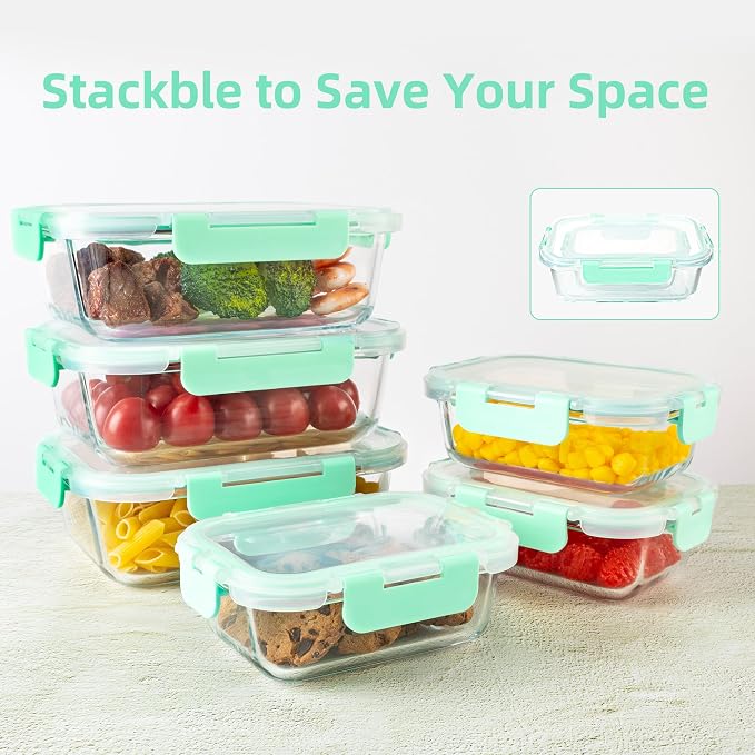 16PCS (8 Bowls + 8 Lids) High Borosilicate Glass Meal Prep Containers, Food Storage Containers with Airtight Lids, Glass Lunch Bento Boxes, Dishwasher Safe, mint