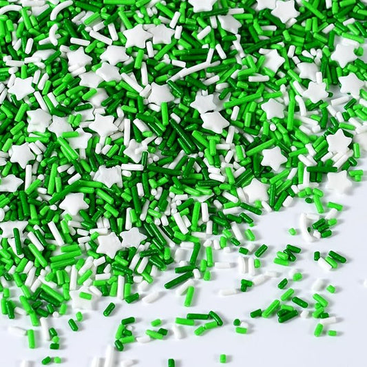 St Patrick's Day White and Green Jimmies Star Sprinkles - 7oz Edible Sprinkle Mix, Irish Themed Jimmy Sprinkles Toppers for Decorating Baking Cupcakes Cake Cookies Ice Creams Candy Irish Shamrock Party