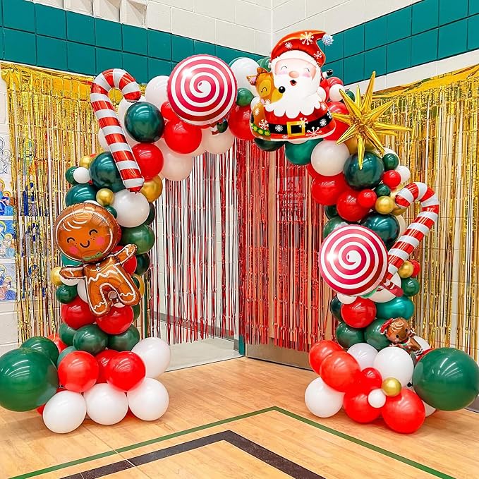 Christmas Balloon Garland Arch Kit, Christmas Balloon Arch with Metallic Green Red White Latex Balloons Snowflake Santa Foil Balloons Candy Cane for Xmas New Year Party Decoration
