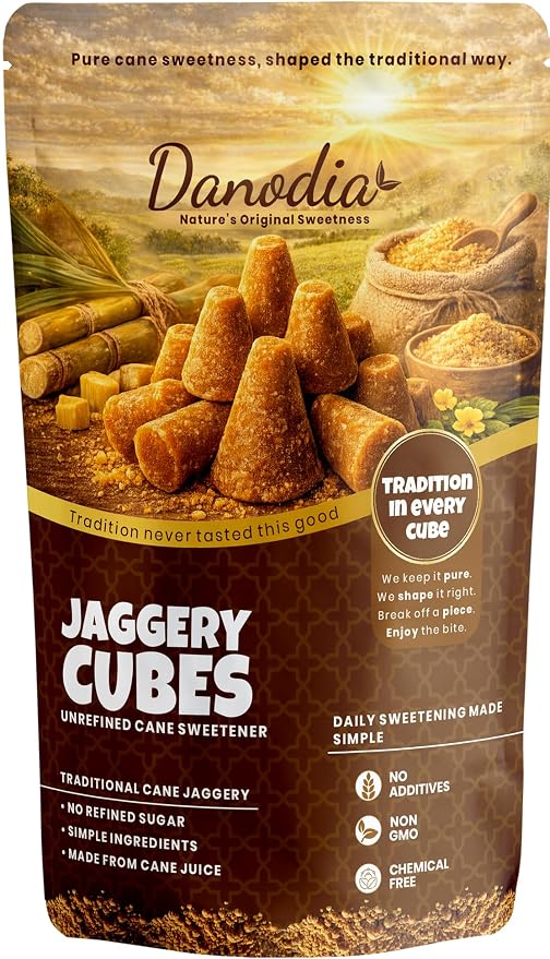 Danodia Foods Organic Jaggery Cubes, Cane Gur Sweetener, 1 lb Pack | Traditional sugarcane gur cubes for tea, coffee, cooking, baking, desserts and Indian pantry recipes; no preservatives used