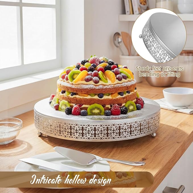 Wenqik Silver Cake Stand 18 Inch Metal Round Cupcake Dessert Wedding Cake Stand with Cutting & Spatula Cookies Display Holder Fruit Serving Tray for Table Wedding Birthday Anniversary Party
