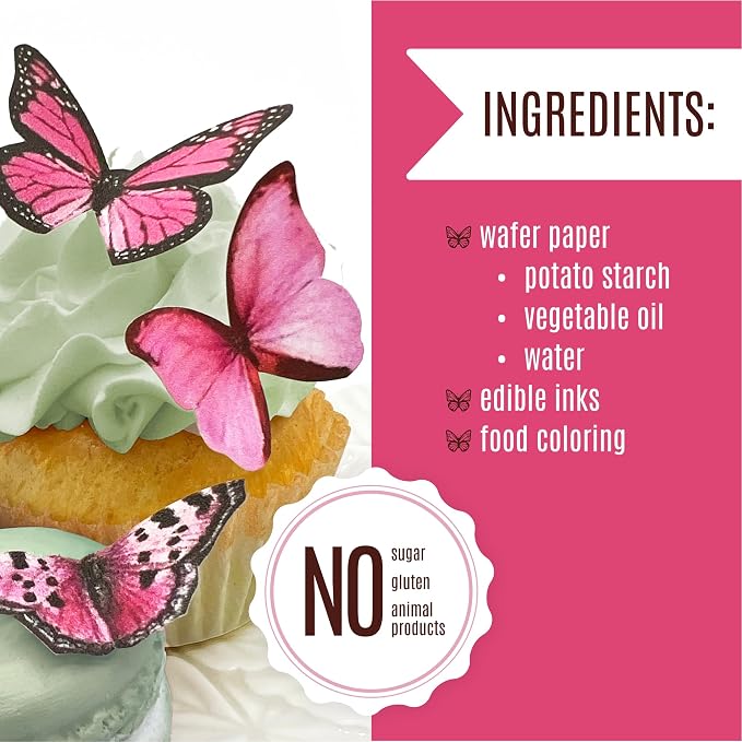 Sugar Robot Inc. Edible Butterflies Large Size Premium Crafted Made in the USA Cake and Cupcake Toppers, Decoration (Pink)