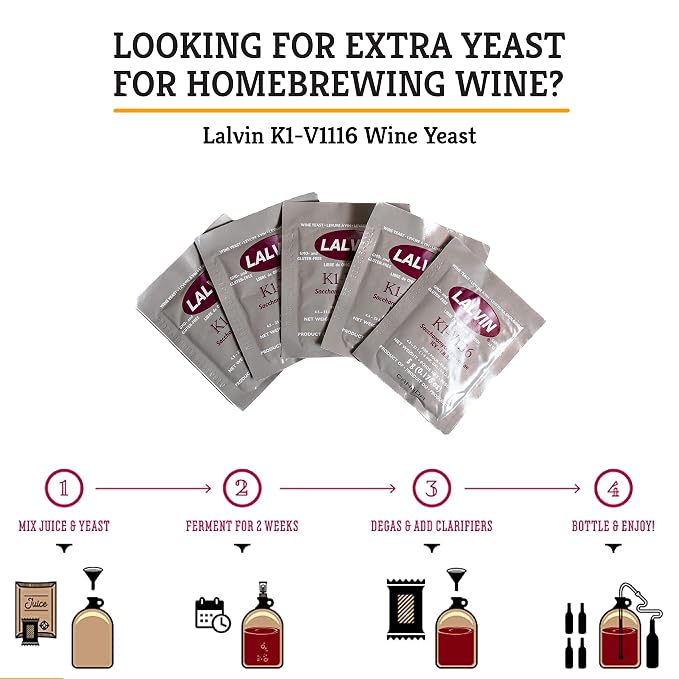 Craft A Brew - Lalvin K1-V1116 Wine Yeast - Neutral Dry Wine Yeast - For Traditional or Fruit Wines - Ingredients for Home Fermenting - Wine Making Supplies - 5 Pack