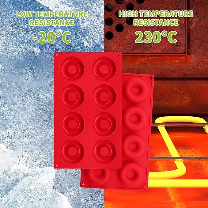 2er Pack Silicone Donut Mold - Non-Stick Silicone Doughnut Pan DIY Chocolate Baking Cookie Molds, Heat Resistant, Make Donut Cake Biscuit Bagels, BPA Free Dishwasher Safe (red, 8 Cavities)