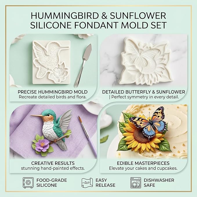 2Pcs Butterfly Sunflower Silicone Fondant Molds 3D Hummingbird Nature Candy Molds for Baking Dessert, Spring Cake Decorating, Cupcake Topper, Chocolate, Soap, Resin, Polymer Clay Crafting