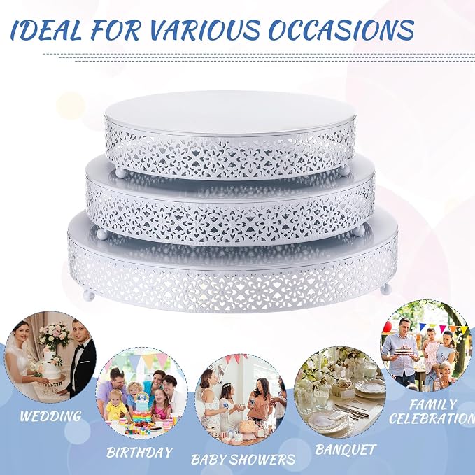 Wenqik 3 Pcs Cake Stand 16'' 14'' 12'' Round Metal Cake Stand Bases Display Holder Cookies Serving Tray Display Plate Cupcake Dessert Pastry Riser for Wedding Birthday Party(Vintage Style, White)
