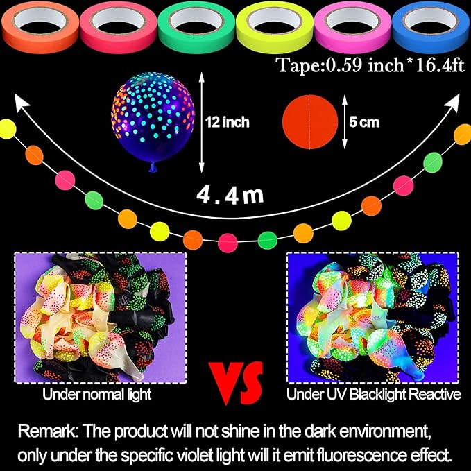 Skylety 32 Pcs Glow in The Dark Party Supplies Neon Party Favors with 25 Fluorescent Balloon 6 Rolls 98.4 ft UV Blacklight Luminous Tape 14.4 ft Neon Streamer Garland for Adults(Bright Dot)