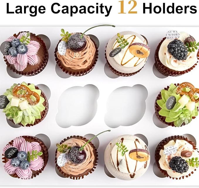 Kucoele 12 Count Cupcake Boxes, 2 Pack White Cupcake Containers with Windows and Inserts, Disposable Cupcake Carriers for Muffins, Treats, Pastries, 13 x 10 x 4 Inches