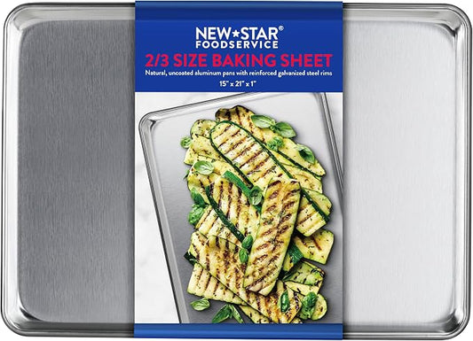 New Star Foodservice Commercial-Grade 18-Gauge Aluminum Sheet Pan/Bun Pan, Two Thirds Size, 15 x 21 x 1 in