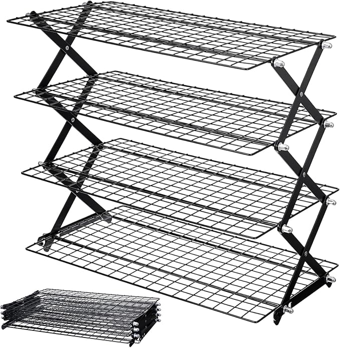 Sibba 4 Tier Collapsibl Cooling Rack, Adjustable 4 Setting Design Stainless Steel Baking Rack Stackable Roasting Cooking Drying Wire Cooling Racks for Cookies Baking Gifts for Women, Black