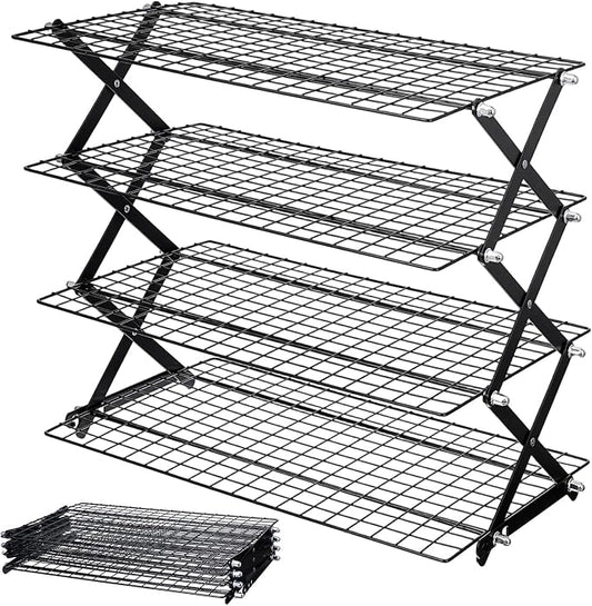 Sibba 4 Tier Collapsibl Cooling Rack, Adjustable 4 Setting Design Stainless Steel Baking Rack Stackable Roasting Cooking Drying Wire Cooling Racks for Cookies Baking Gifts for Women, Black