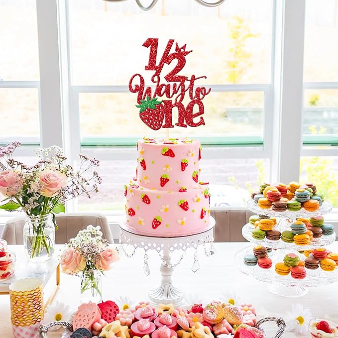 1 PCS Strawberry 1/2 Half Way to One Cake Topper Glitter Berry Sweet Half Way to Go Cake Pick Happy 6 Months Birthday Cake Decoration for Strawberry Theme Baby Shower Birthday Party Supplies Red