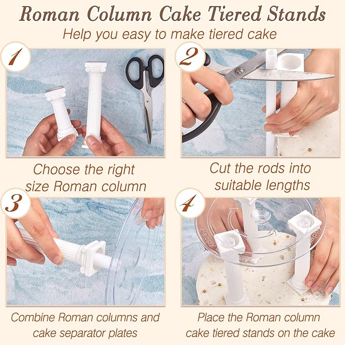 Suclain 27 Piece Cake Tier Stacking Kit Includes 12 Roman Columns in 3 Sizes 6 Cake Boards 4.7/ 6.3/ 7.9 Inch and 9 Dowel Rods for Wedding and Tiered Cakes Building and Stacking
