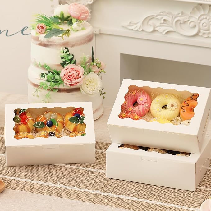 Moretoes 12pcs Cookie Boxes with Window, 9x6x3 Inch White Bakery Boxes Pastry Containers for Chocolate Covered Strawberries, Candy, Muffins, Donuts