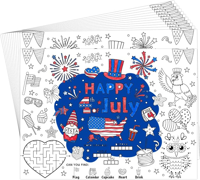 45pcs 4th of July Disposable Coloring Placemats Independence Day Crafts for Kids Patriotic Party Favors Coloring Poster American Flag Fireworks Activity Church Supplies Paper Table Mats