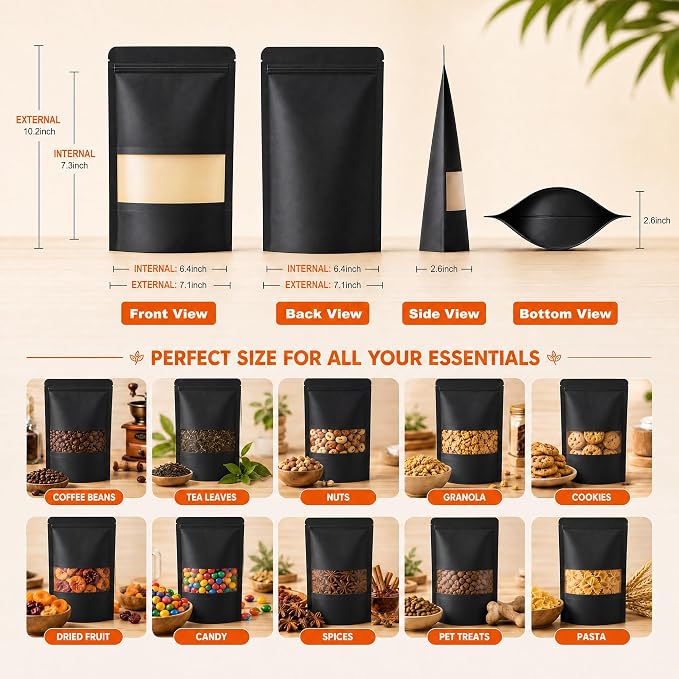 100 Pcs Black Kraft Paper Bags with Window, 7.1" x 10.2" Stand Up Pouches Bags, Food Storage Bags for Packaging Products, Reusable, Sealable