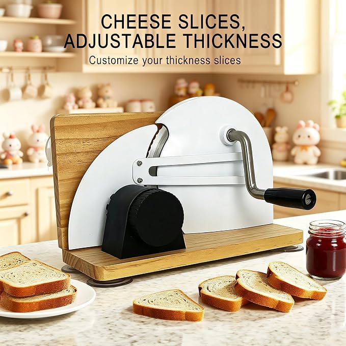 Manual Bread Slicer for Sourdough Bread, Adjustable Thickness Foldable Bread Cutter with Hand Crank, Stainless Steel Blade Bread Slicer (White, Machine)