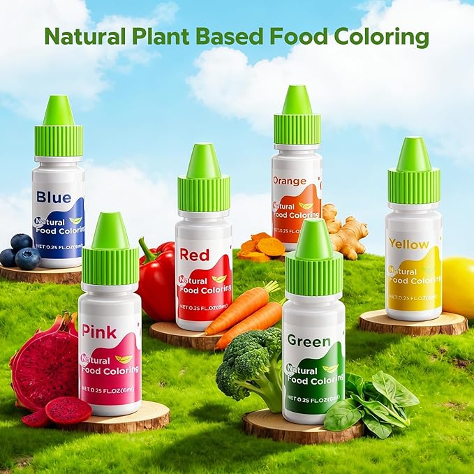 Natural Food Coloring - 6 Colors Dye Free Food Coloring, Strong Color Power, Gluten-Free, FD&C & Artificial Dye Free Formula for Baking, Icing and Cooking, Cakes, Cupcakes, Frosting，Easter Eggs & Holiday Treats