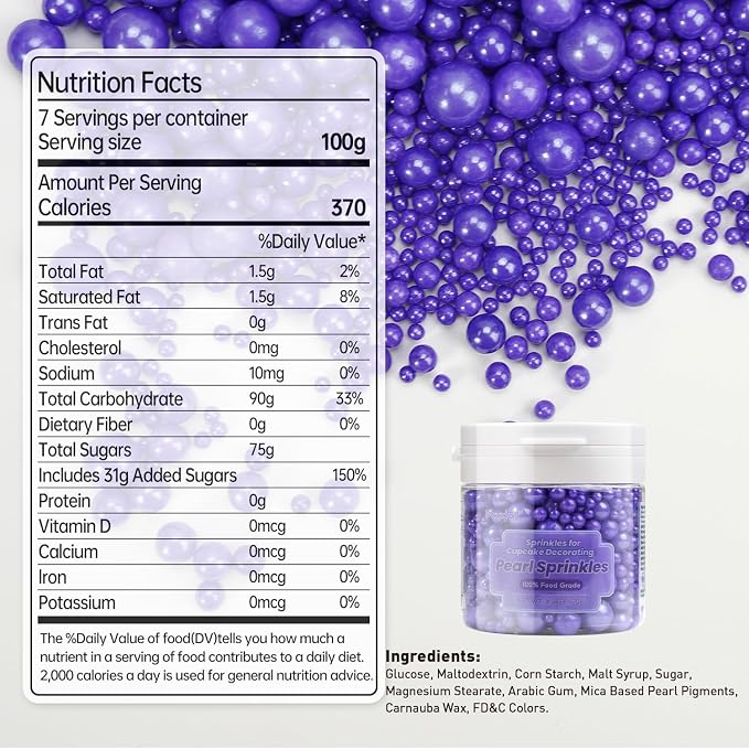 Dazzjoy Edible Pearl Purple Sugar Sprinkles, 130g/4.58oz, Purple Ball Pearls Sprinkles for Cake Decorating, Cupcake Toppers, Baking Cake Decoration, Easter Wedding Party Holiday Supplies