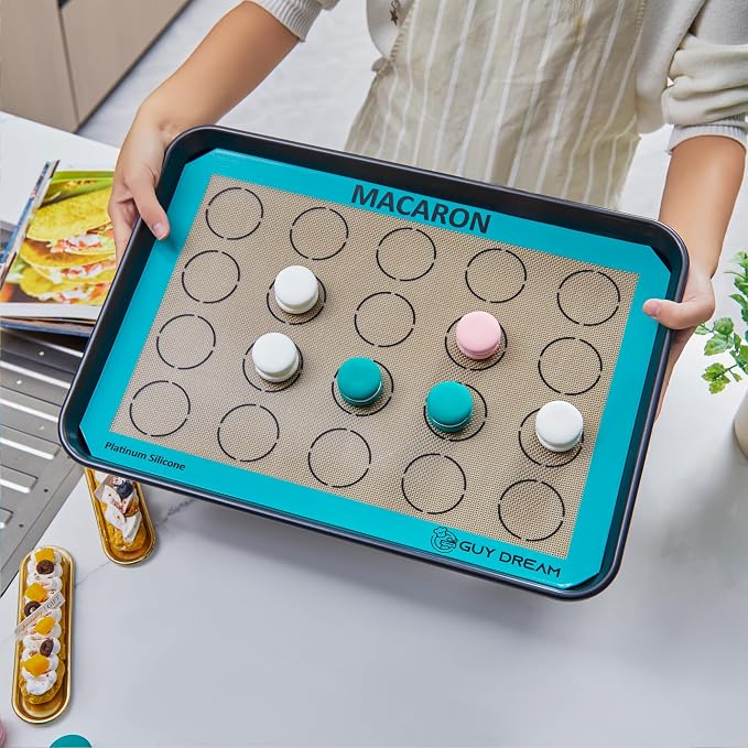 GUYDREMAT 2PCs Half Sheet Silicone Baking Mat Set for Cookie and Macaron - Reusable Premium Food Grade Silicone Macaron Sheets - Heat Resistant Silicone Oven Baking Mat with Measurements for Cookies