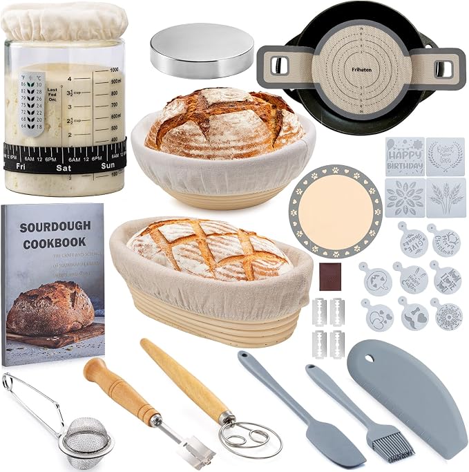 Friheten Sourdough Starter Kit,Sourdough Bread Baking Supplies,40oz Sourdough Starter Jar,Banneton Bread Proofing Basket Set with 9" Round & 10" Oval,Sourdough Bread Baking Tools