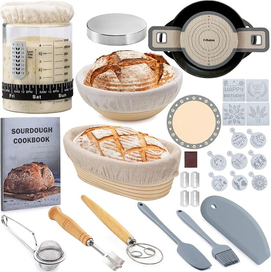 Friheten Sourdough Starter Kit,Sourdough Bread Baking Supplies,40oz Sourdough Starter Jar,Banneton Bread Proofing Basket Set with 9" Round & 10" Oval,Sourdough Bread Baking Tools