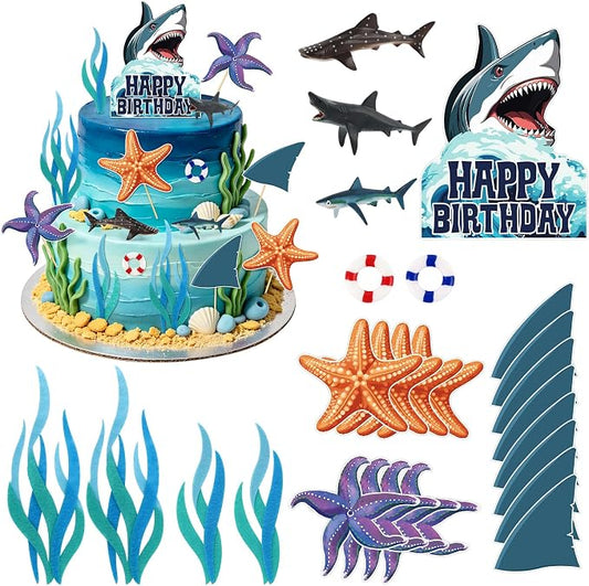 Hooqict 24Pcs Shark Cake Decorations Set with Mini Sea Animals Shark Cake Toppers & Cupcake Toppers for Ocean Theme Under the Sea Birthday Party Decorations Supplies