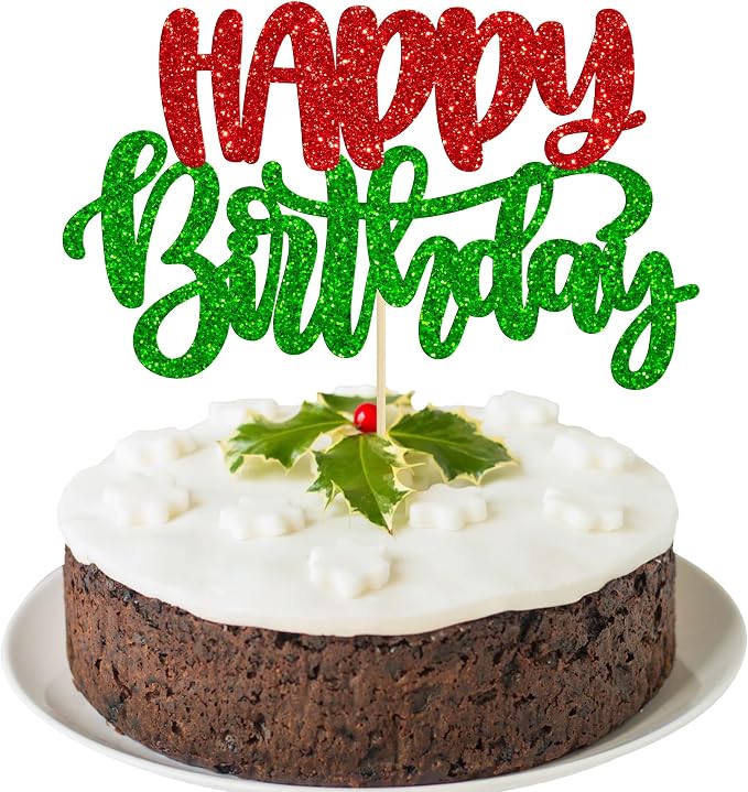 Gyufise 1Pcs Happy Birthday Cake Topper Glitter Happy Birthday Cake Pick for Christmas Theme Wedding Anniversary Theme Party Cake Decorations Supplies Green Red