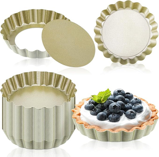 Uiifan 32 Pcs Mini Tart Pans, 4 Inch Nonstick Egg Tart Molds with Removable Bottom, Round Fluted Quiche Pan for Pie, Mousse Cake, Dessert Baking,Cheesecake, Gold