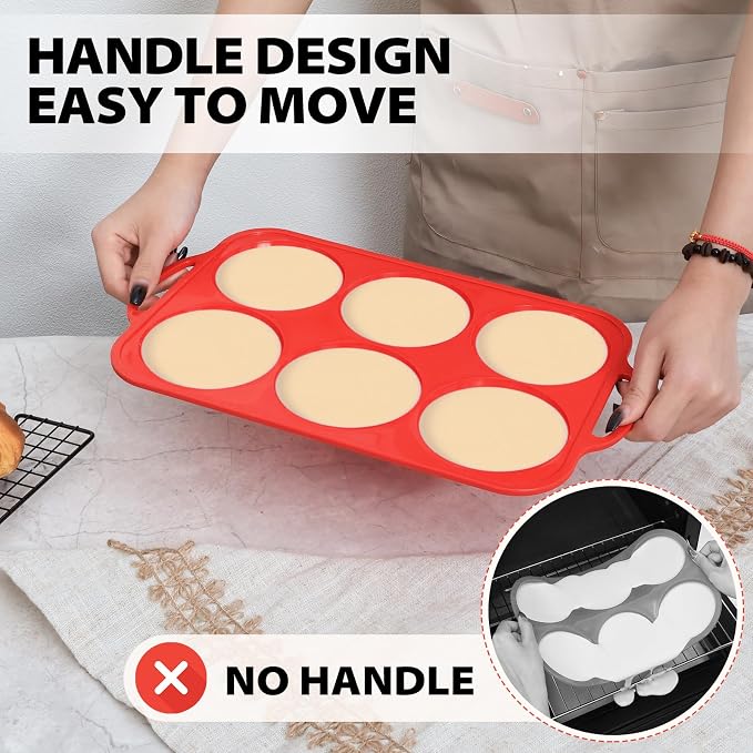 4 Inch Muffin Top Pan Non Stick with Metal Frame, Silicone Egg Molds for Breakfast Sandwiches, Large Round Whoopie Pie Baking Pan with Handle for English Muffin, Egg Bite and Oven, Red