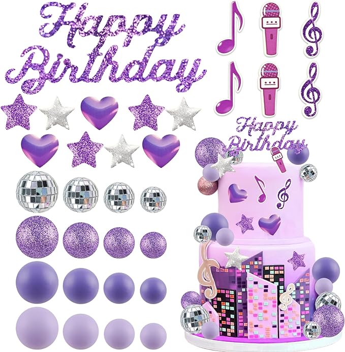 MEMOVAN Purple Music Cake Topper Popular Singer Birthday Cake Decorations with Purple Disco Ball Singer Stars Cake Decorations for Music Singer Kpop themed Birthday Party Supplies