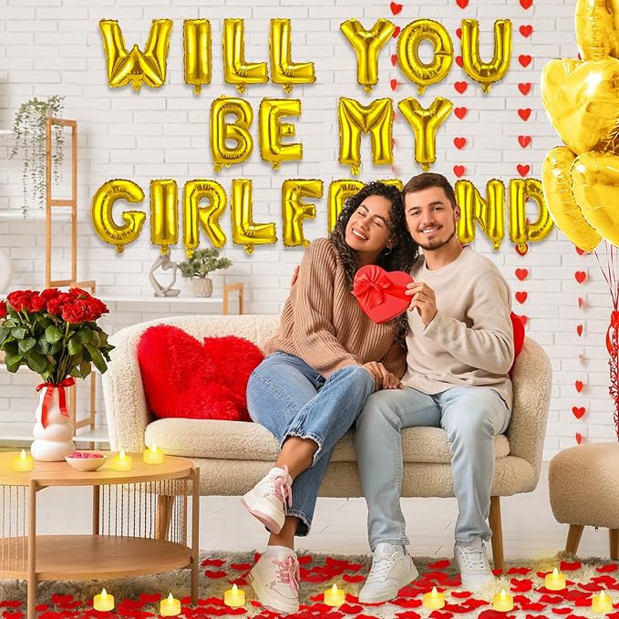 HyDren 18" Will You Be My Girlfriend Balloons Letters Kit Include Heart Shaped Balloons and LED Tealight Candles with Rose Petals Romantic Girlfriend Proposal Kit Valentines Day Decorations(Gold)