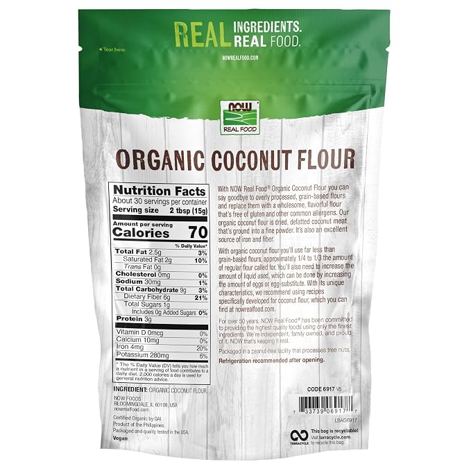 NOW Foods, Organic Coconut Flour, Unsweetened, Excelent Source of Fiber, No Added Sulfites, Certified Non-GMO, 16-Ounce (Packaging May Vary) (Pack of 2)
