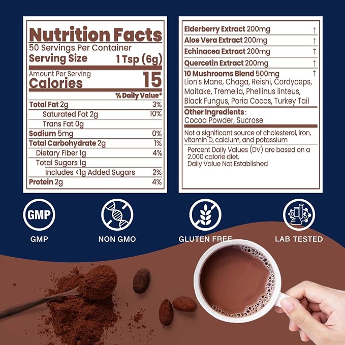 50 Servings Mushroom Hot Chocolate | 10 Mushrooms and Elderberry, Aloe Vera, Echinacea & Quercetin | Support Immunity, Gut & Stress Health | Cocoa Powder, No Melatonin | Vegan & Keto, Gluten-Free
