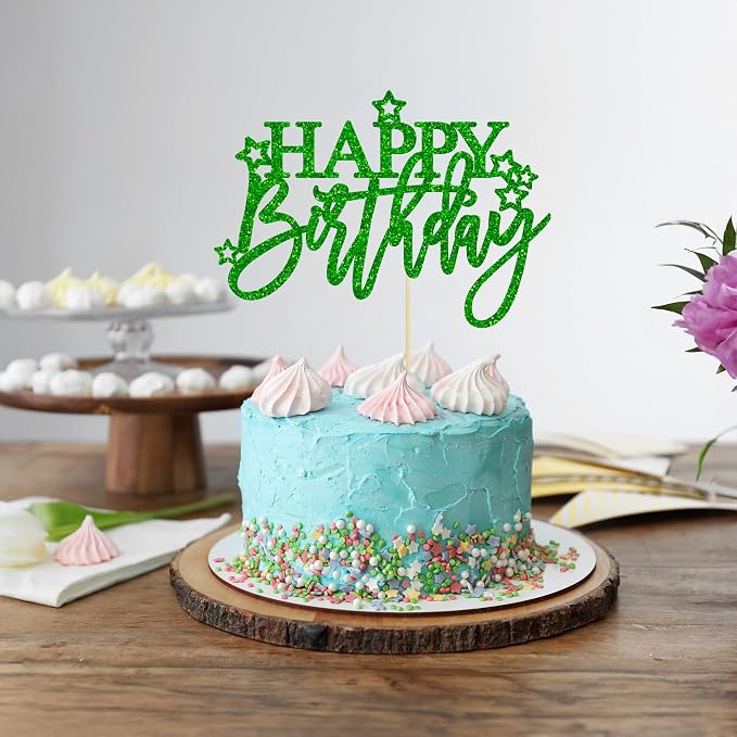 Gyufise 1Pcs Happy Birthday Cake Topper Glitter Happy Birthday Cake Pick for Celebrating Happy Birthday Anniversary Theme Party Cake Decorations Supplies Light Green