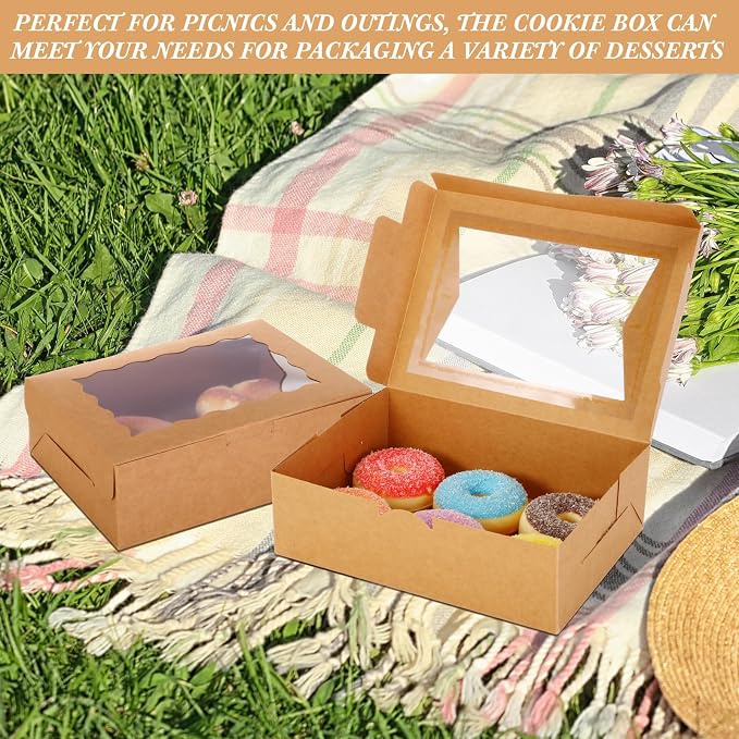 TaoBary 100 Pcs 8 Inch Bakery Boxes 8 x 6 x 2.5 Inch Cookie Pastry Boxes with 2 Style Window for Cookie Treat Chocolate Strawberries Cupcakes Candy Muffins(Kraft)
