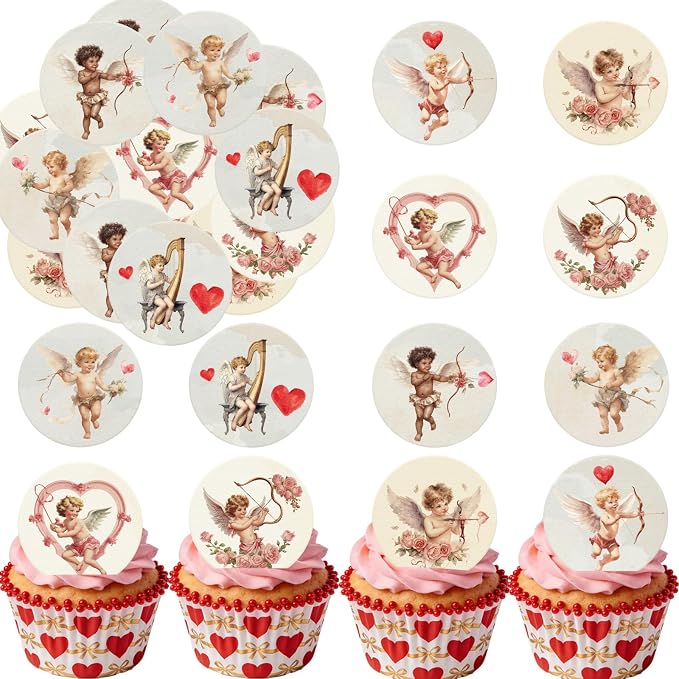 36PCS Edible Valentine Cupid Cupcake Toppers Wafer Paper Love Cupid Cupcake Picks Be My Valentine Cake Decor for Valentine's Day Theme Engagement Party Decor Supplies