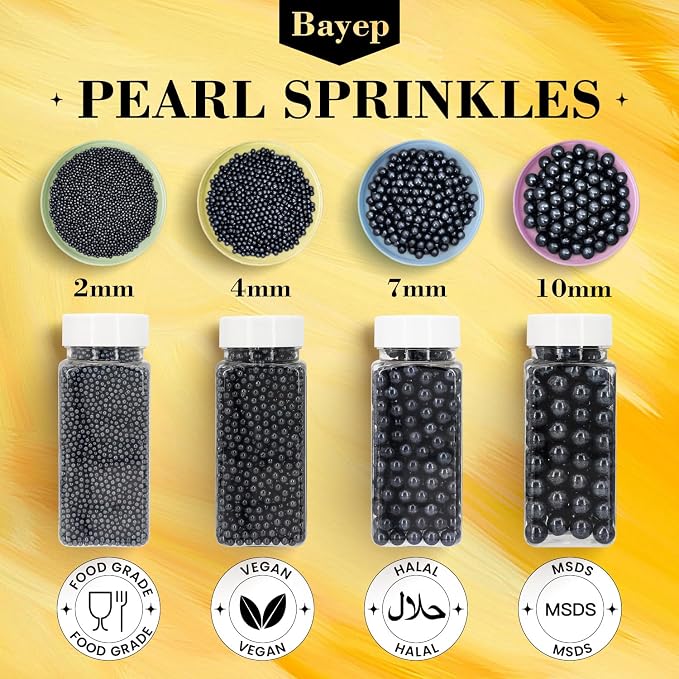 Bayep Edible Pearls for Cake Decorating 4mm Black Sprinkles for Cookies, Baking, Ice Cream, Cupcake Topper Pearl Sprinkles Perfect for Wedding Party Valentines Christmas Holiday Supplies 3.52 Ounce