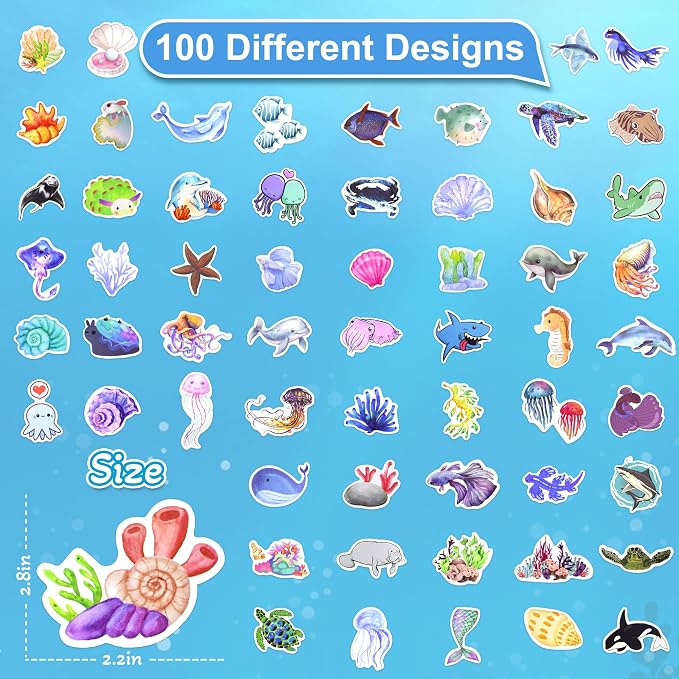 100 Pcs Ocean Stickers for Scrapbooking, Waterproof Vinyl Cute Sea Animal Stickers for Scrapbook Laptops Water Bottles, Decorative Decals for Teens Students Adults