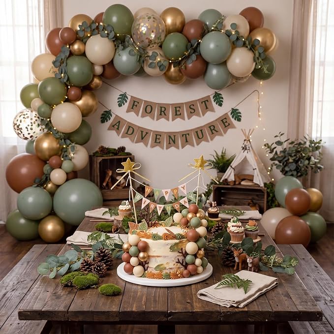 21 Pcs Happy Birthday Cake Topper Cake Bunting Topper Banner with Wood Pole Rainbow Garland with Bow Ribbon Balloon, Mini Cupcake Decor for Birthday Baby Shower (Brown,Gold,Green,Apricot)