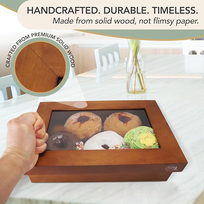 Wooden Bakery Box with Window - 12x8x2.5 Inches– Treat Boxes for Pastry, Desserts, Donuts, Muffins or Baked Goods- Comes with Reusable Canvas Bag-Ideal Baker Gifts for Women