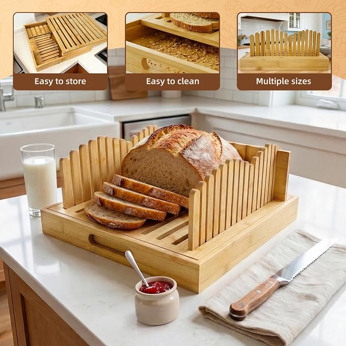 Bamboo Adjustable Bread Slicer with Crumb Catcher Tray, Foldable 3 Thickness Cutting Board, Non-Slip Multi-Purpose Serving Tray for Toast, Sourdough, Baguette Homemade Bread